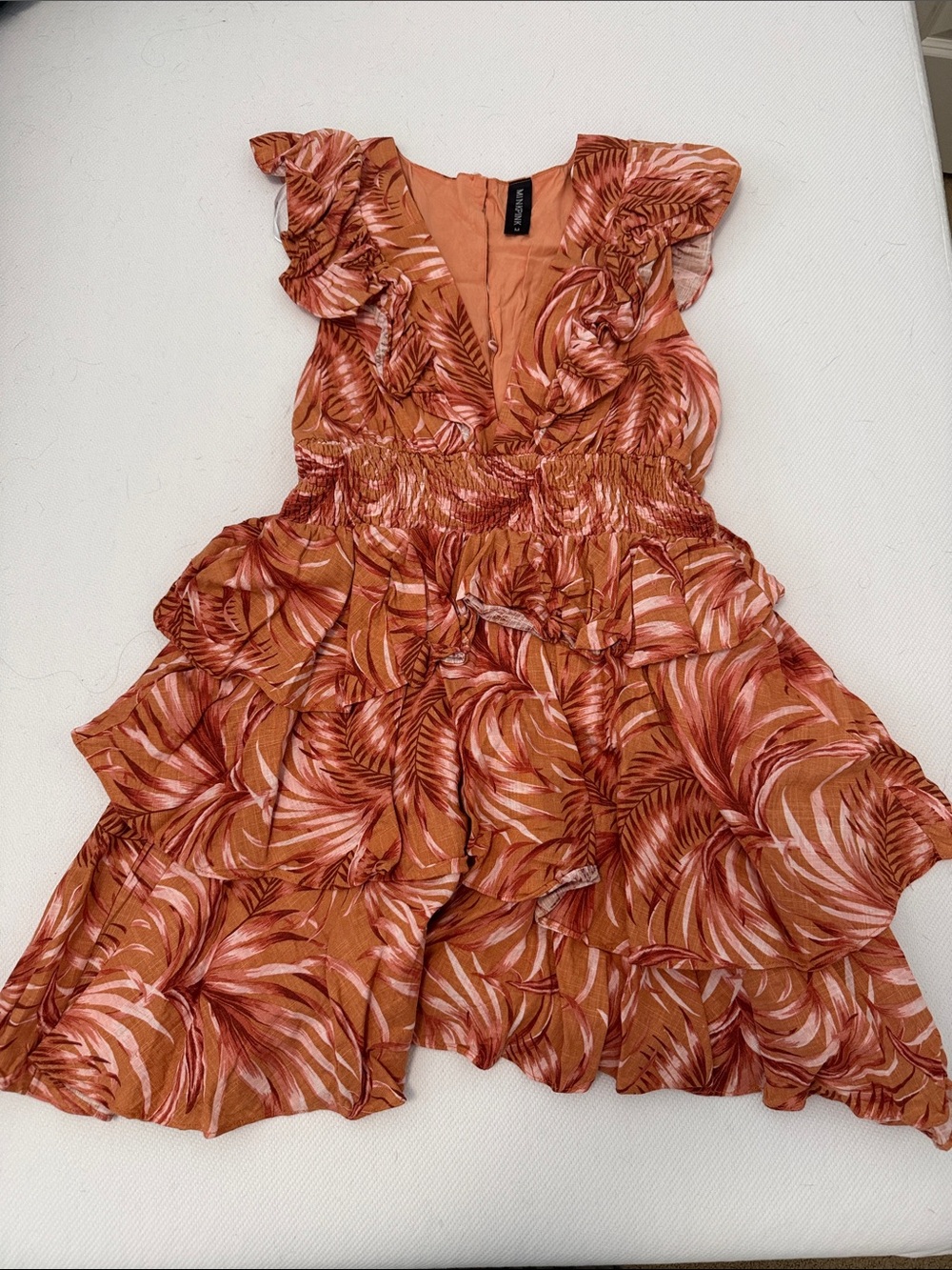 MINKPINK Rust and Blush Tropical Ruffle Tiered Dress
